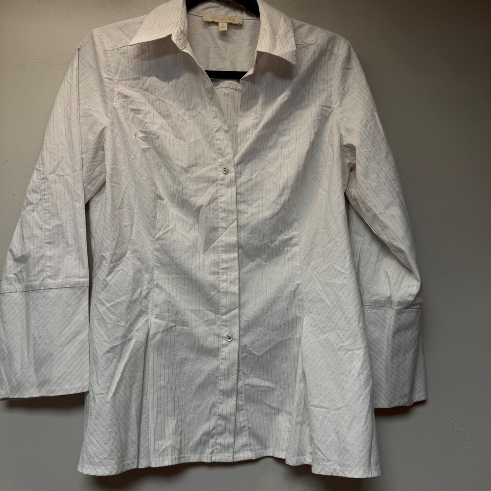 Etcetera Button Down Women 6 White Excellent Silver Pinstripe Metallic Blouse